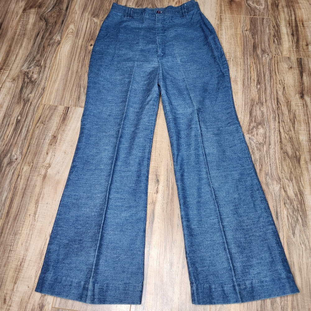 Vintage 70s Bell Bottom Bareback Jeans | High Waist Flare Size 14 Curved Seams
